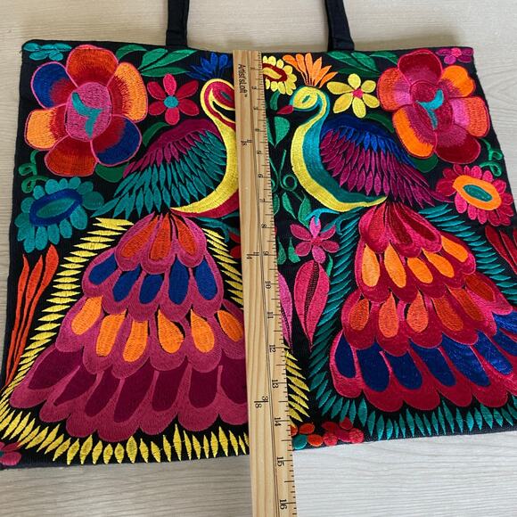 Embroidered Peacock Corduroy Canvas Tote Bag Black Pink Multicolor Artsy NEW - Picture 8 of 9